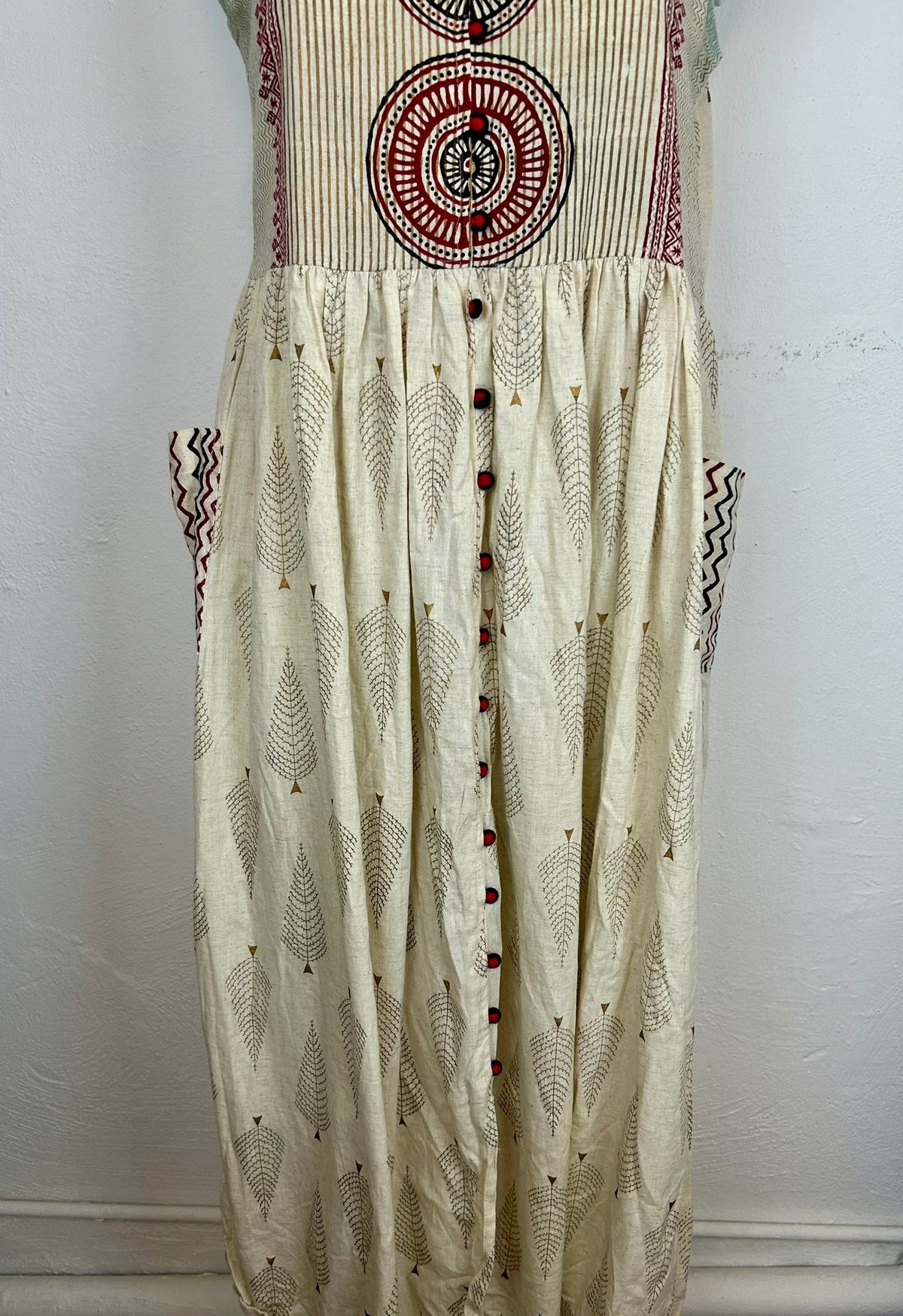 Vintage boho maxi φόρεμα - λεπτομέρεια τσέπης zig-zag