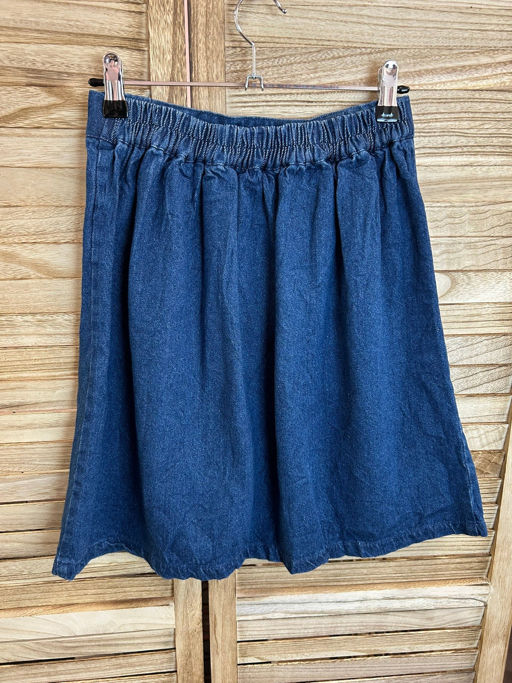 Vintage blue denim mini φούστα - ελαστική μέση, πίσω όψη