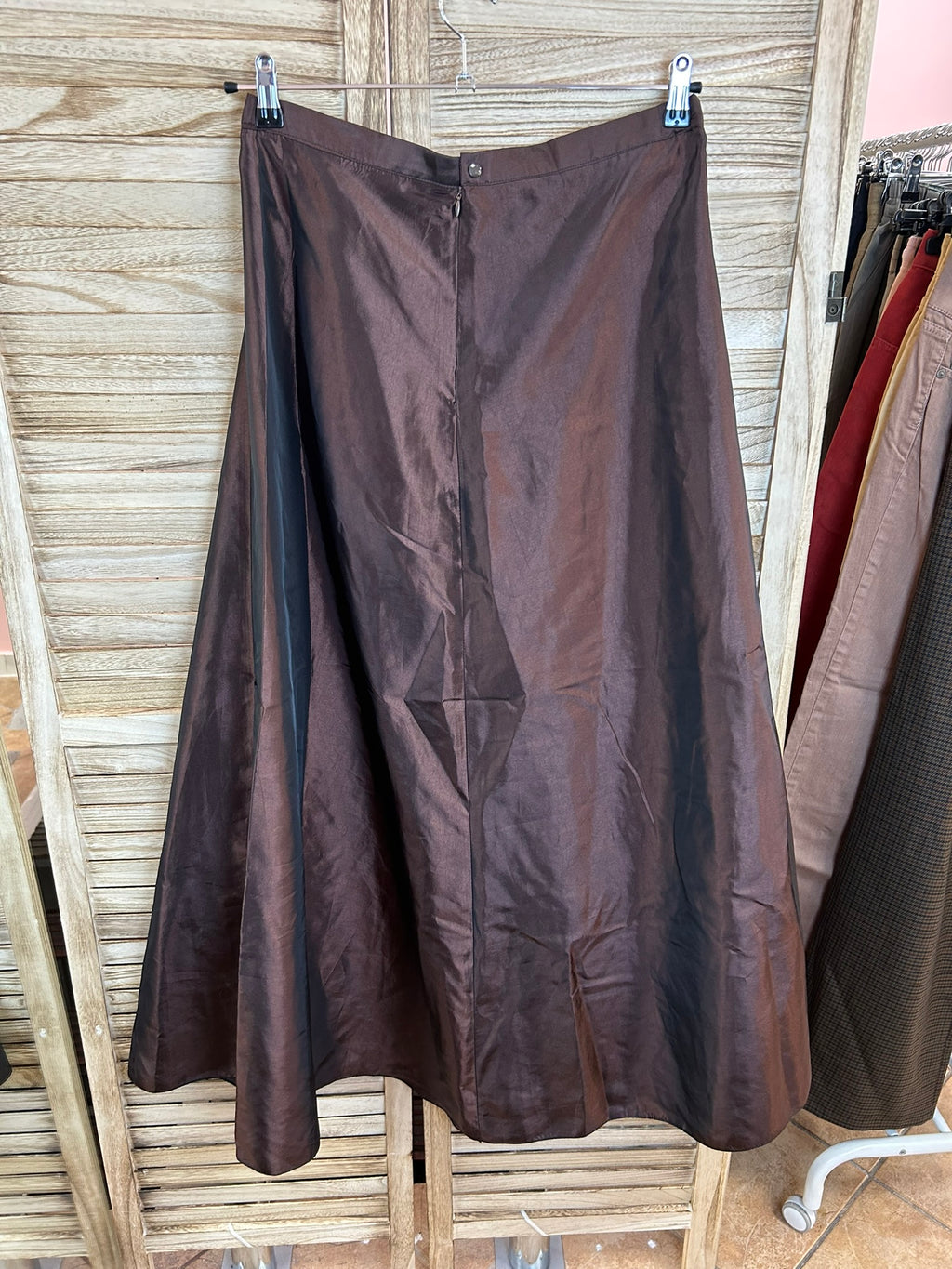 Vintage Maxi Φούστα Καστανή Σατέν με Πιέτες