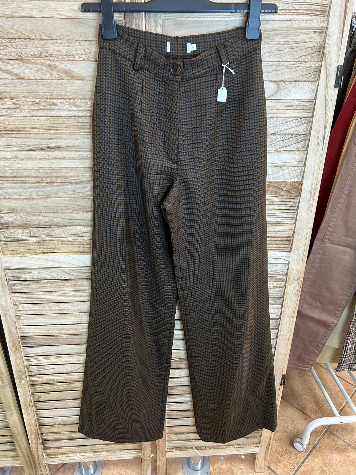 Vintage καφέ houndstooth wide leg παντελόνι - λεπτομέρεια υφάσματος