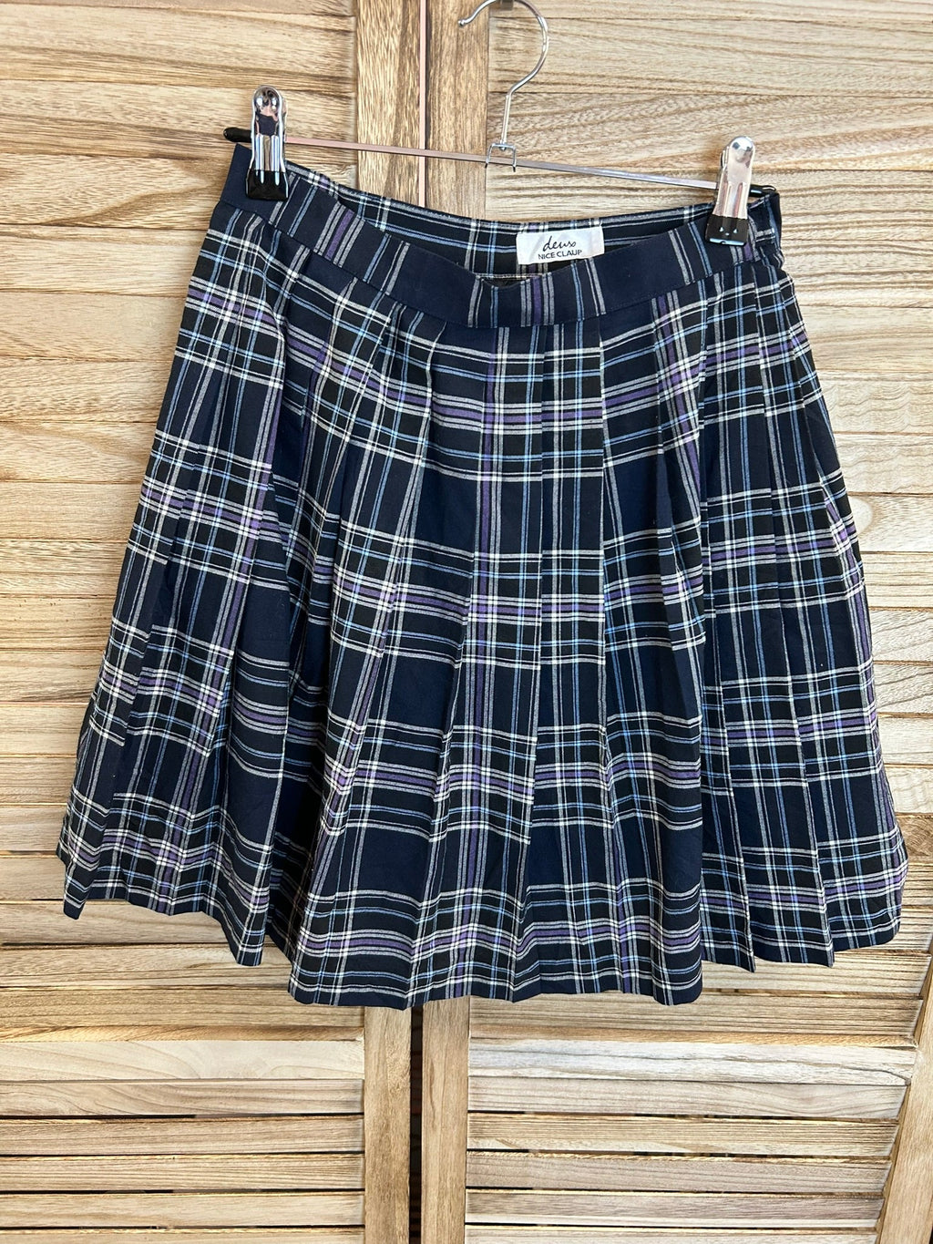 Vintage navy καρό pleated mini φούστα - μπροστινή όψη