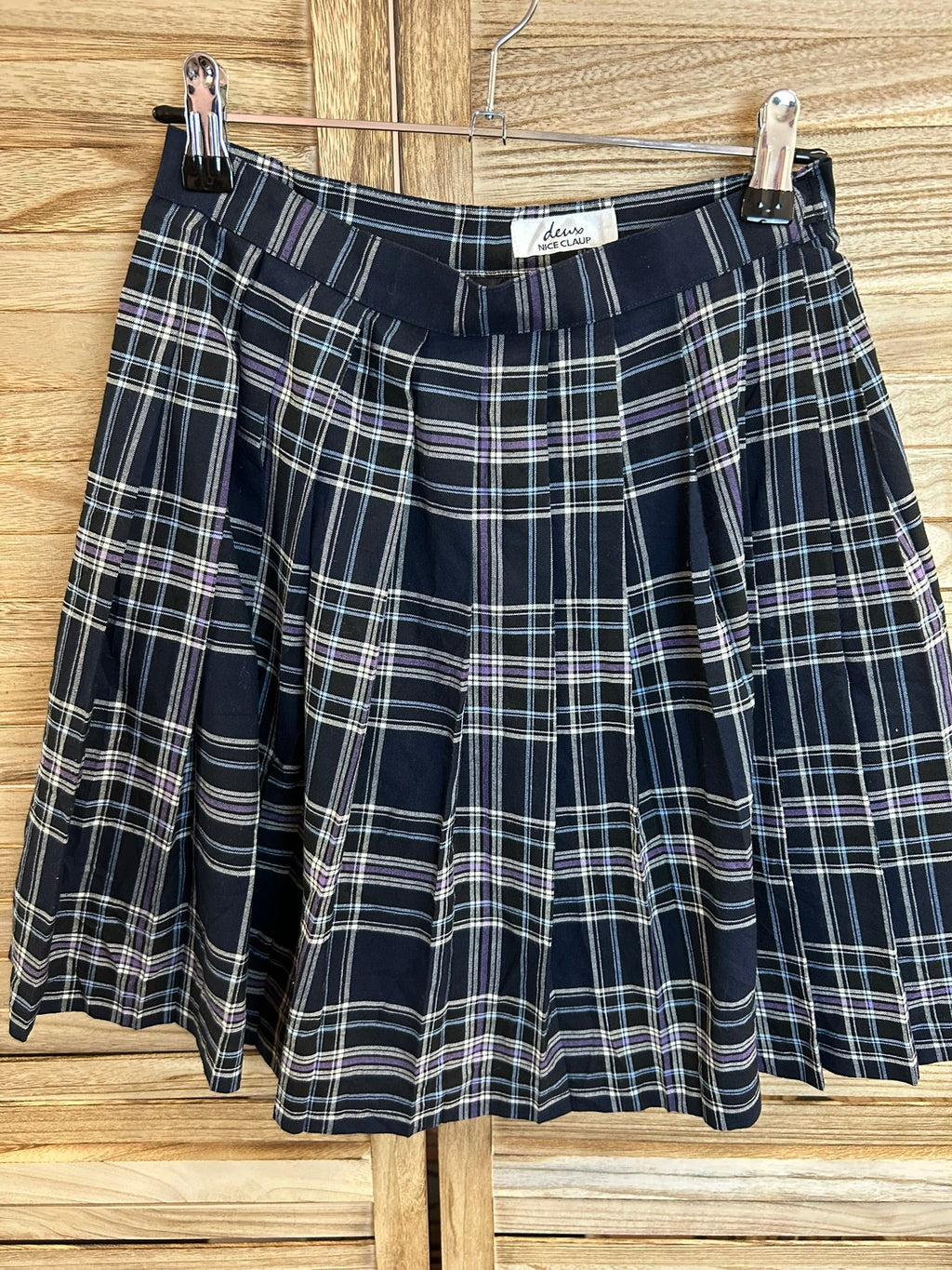 Vintage navy καρό pleated φούστα - ολόσωμη όψη
