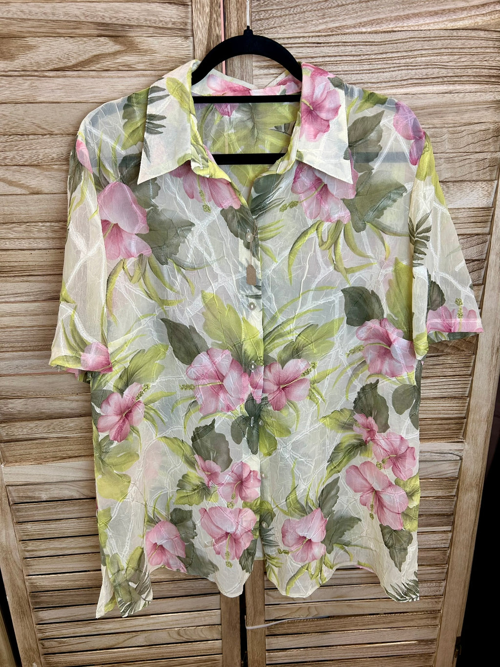 Vintage Floral Πουκάμισο Διαφανές με Ροζ Ιβίσκους