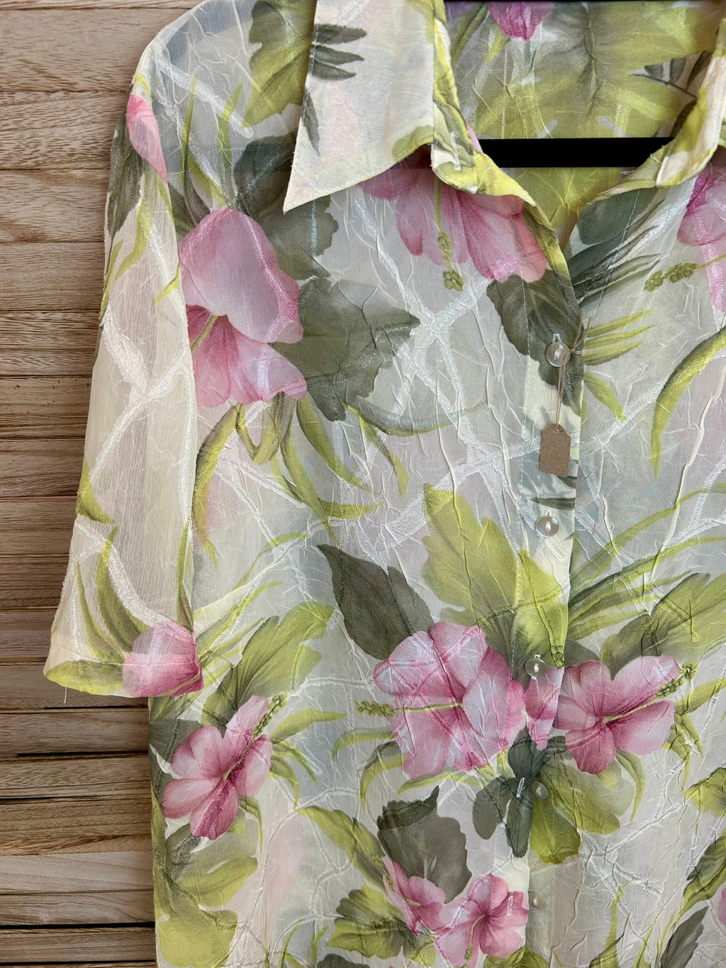 Vintage Floral Πουκάμισο Διαφανές με Ροζ Ιβίσκους