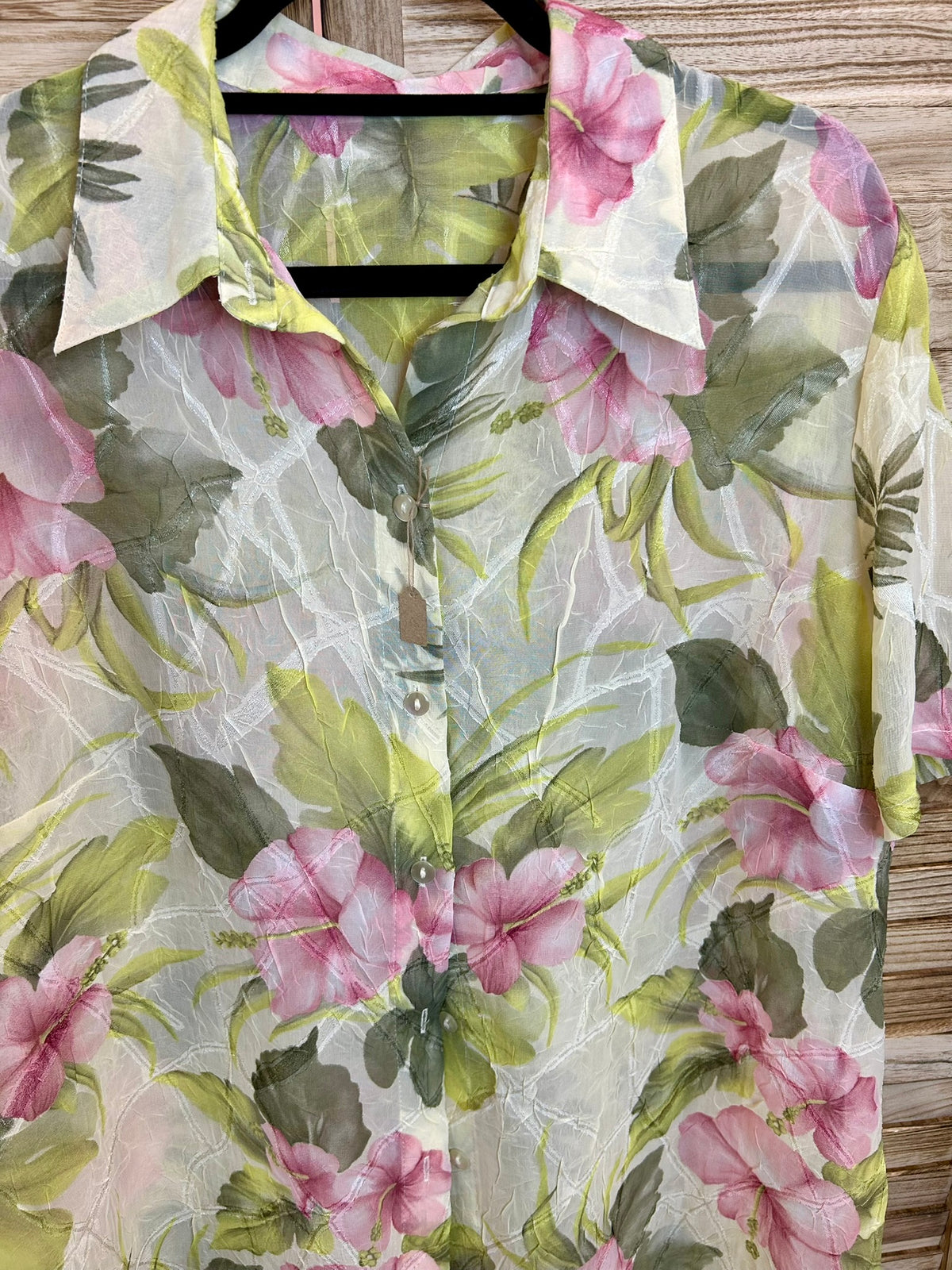Vintage Floral Πουκάμισο Διαφανές με Ροζ Ιβίσκους