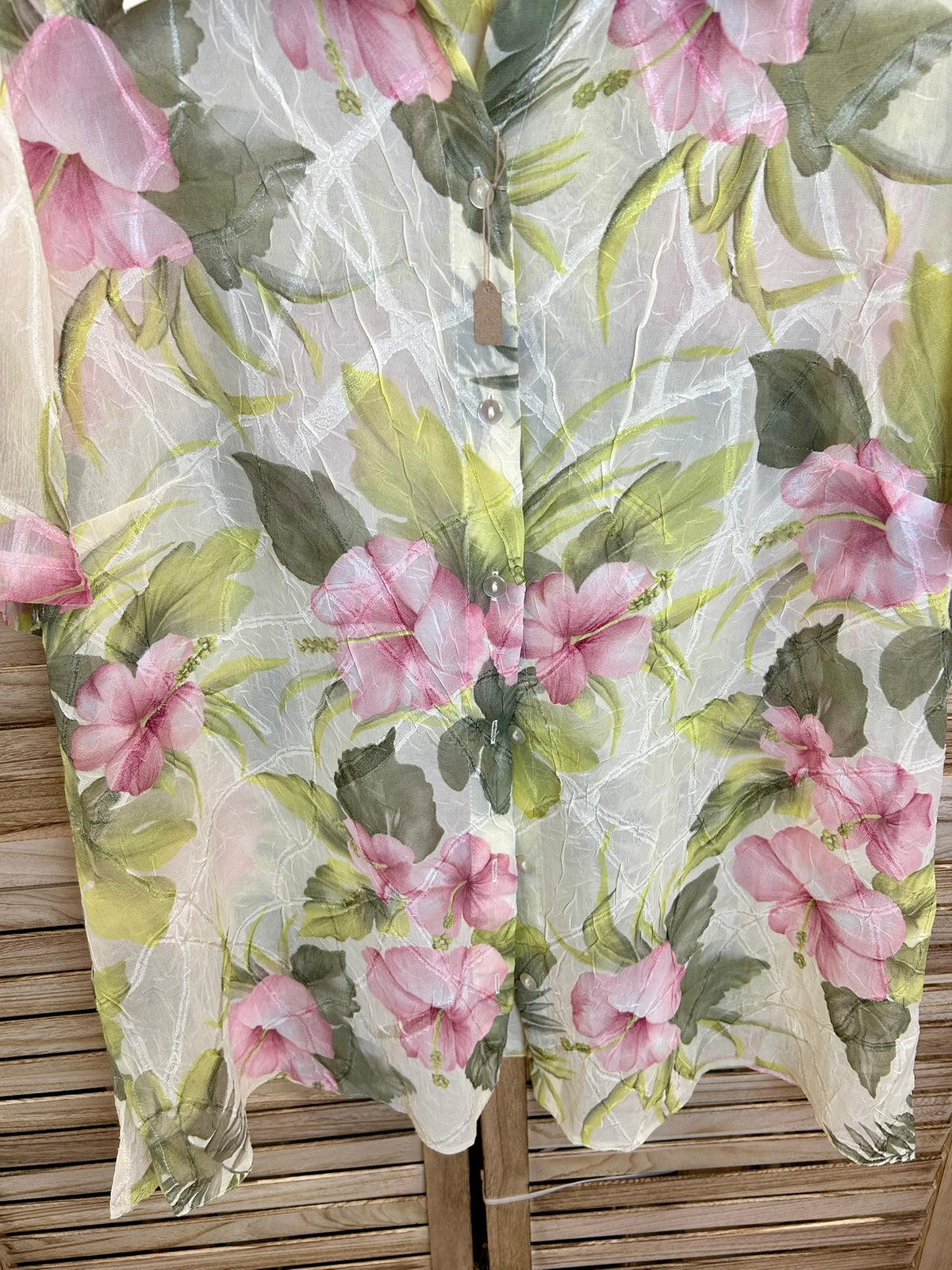 Vintage Floral Πουκάμισο Διαφανές με Ροζ Ιβίσκους