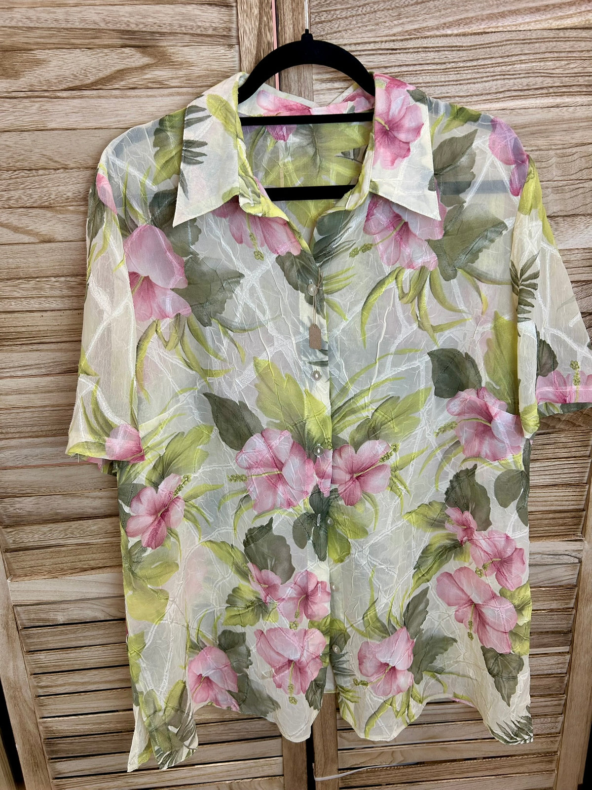 Vintage Floral Πουκάμισο Διαφανές με Ροζ Ιβίσκους