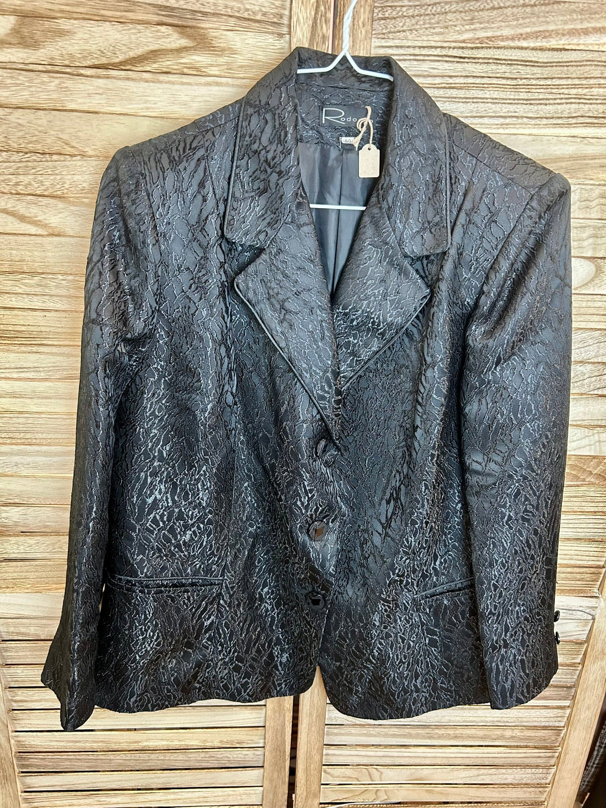 Vintage blazer Rodomo μαύρο jacquard - μπροστινή όψη κοντά